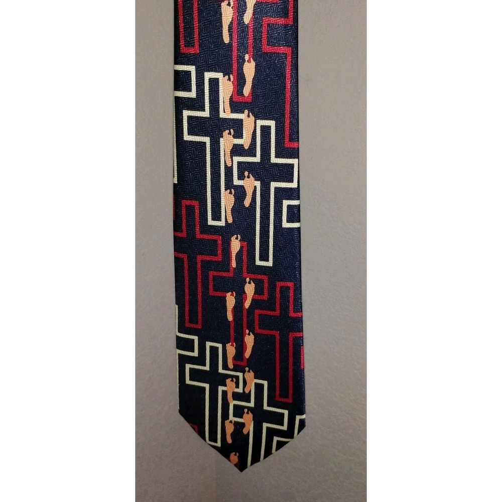 Cross‎ Footsteps Renaissance Tie Necktie Handmade Feet Navy Christian Mens